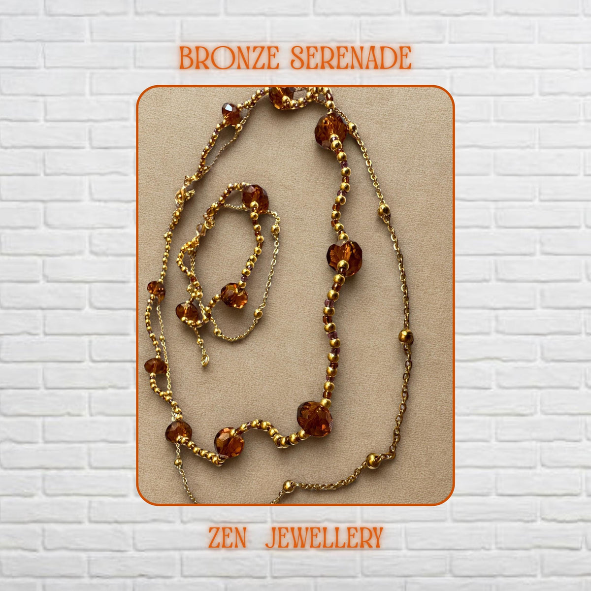 Close-up image of faceted Austrian crystal beads in warm caramel, honey, and champagne shades combined with shiny gold beads and delicate chain details. The reflective crystal surfaces create beautiful sparkle and texture while the gold accents add a luxurious handcrafted finish. The necklace and bracelet are displayed together to show the elegant matching jewellery set and graceful layered boho style.