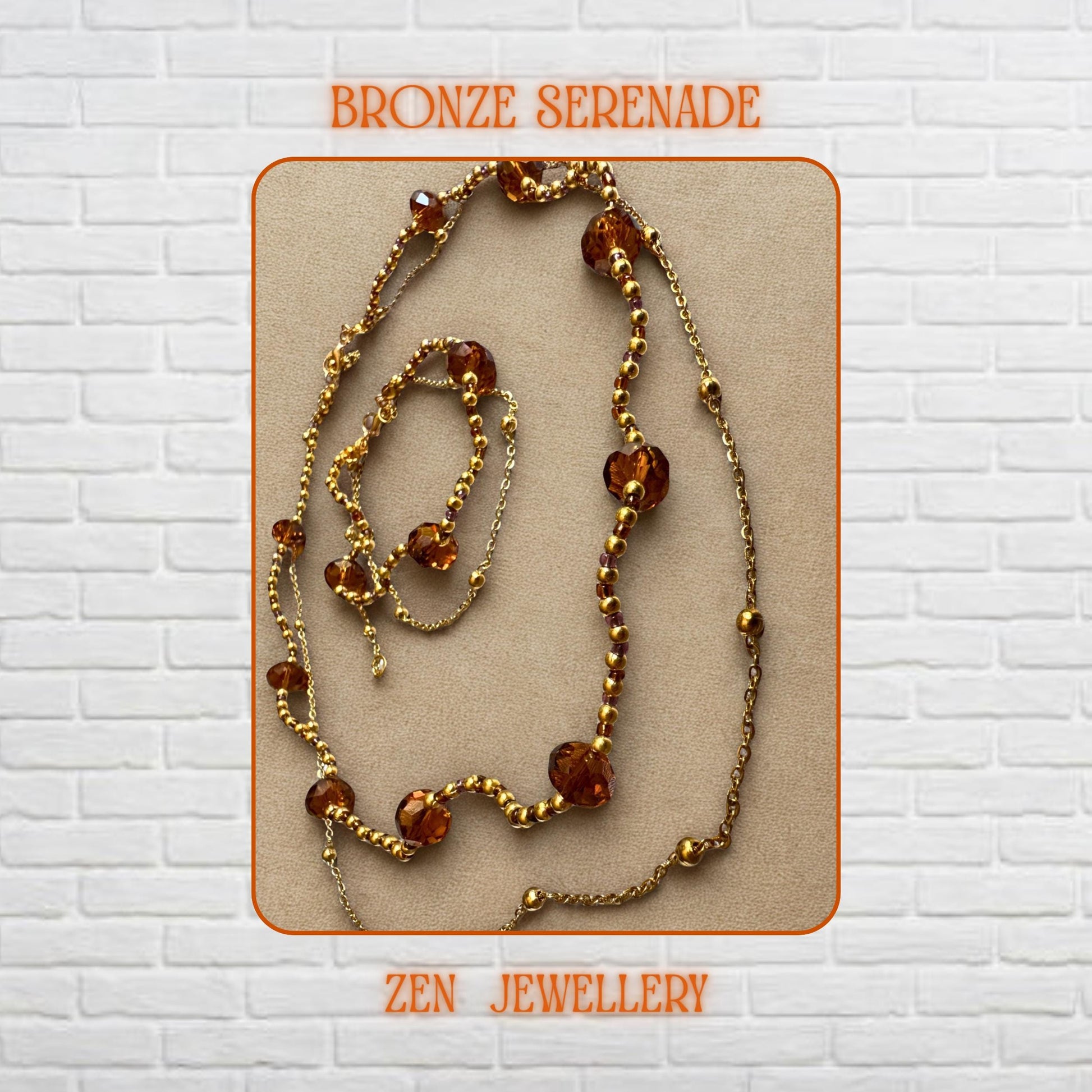 Close-up image of faceted Austrian crystal beads in warm caramel, honey, and champagne shades combined with shiny gold beads and delicate chain details. The reflective crystal surfaces create beautiful sparkle and texture while the gold accents add a luxurious handcrafted finish. The necklace and bracelet are displayed together to show the elegant matching jewellery set and graceful layered boho style.