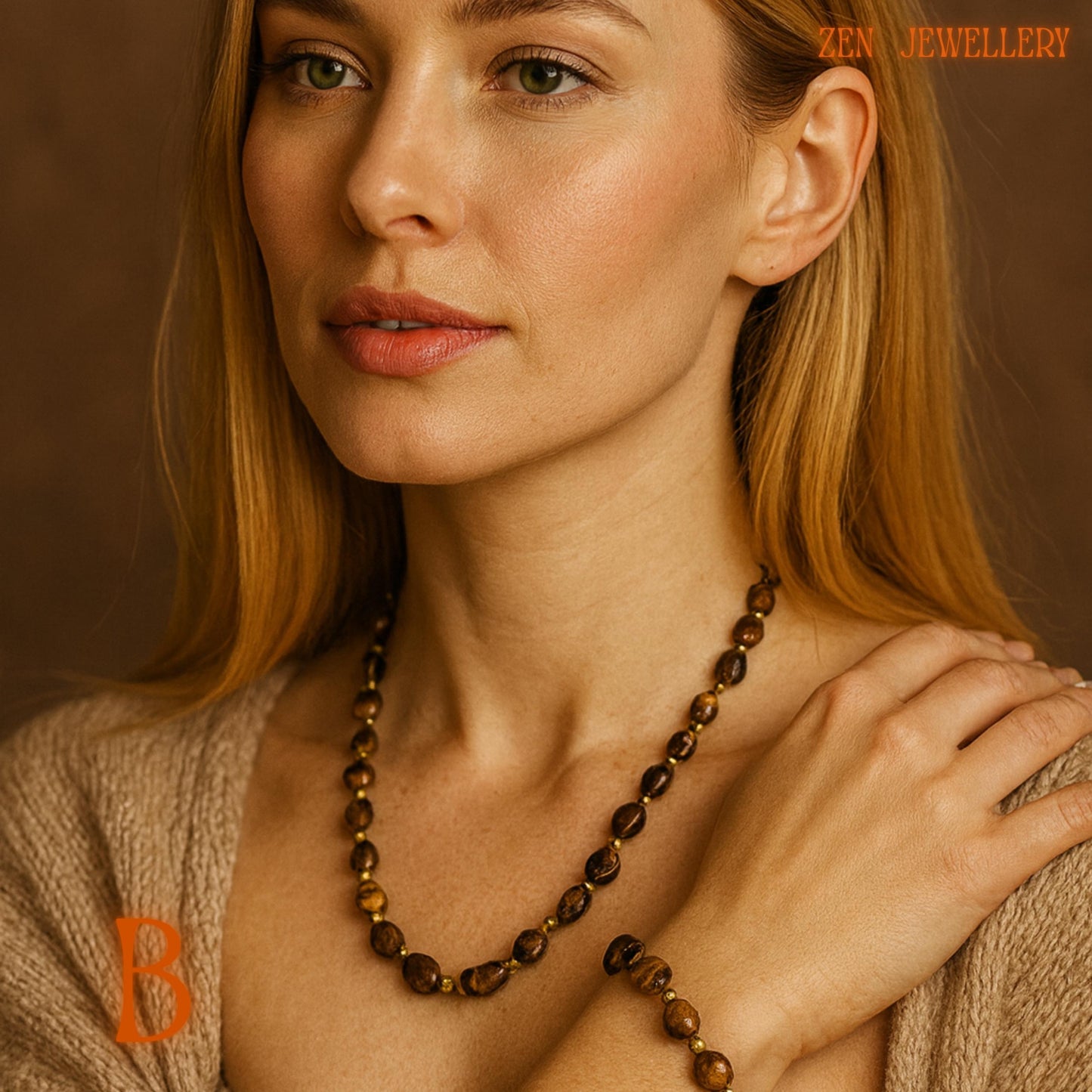 Elegant handmade tiger eye necklace and bracelet styled with dried flowers and soft marble background to highlight the warm crystal colours and earthy bohemian appearance. The polished stones reflect natural light beautifully for a luxurious finish.