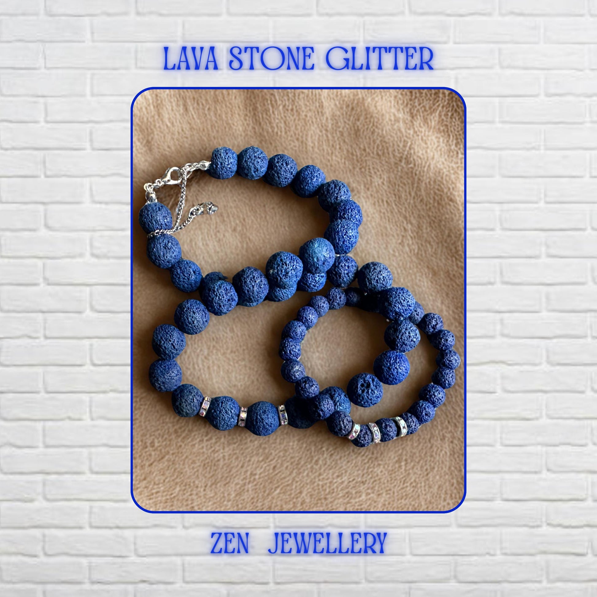 A bold navy blue lava stone jewellery set designed with graduated volcanic beads and shimmering rhinestone spacers. The necklace combines different bead sizes for balance and visual depth, while the matching bracelet mirrors the same elegant handmade style. The porous lava texture gives the set a calming organic appearance with modern bohemian charm.