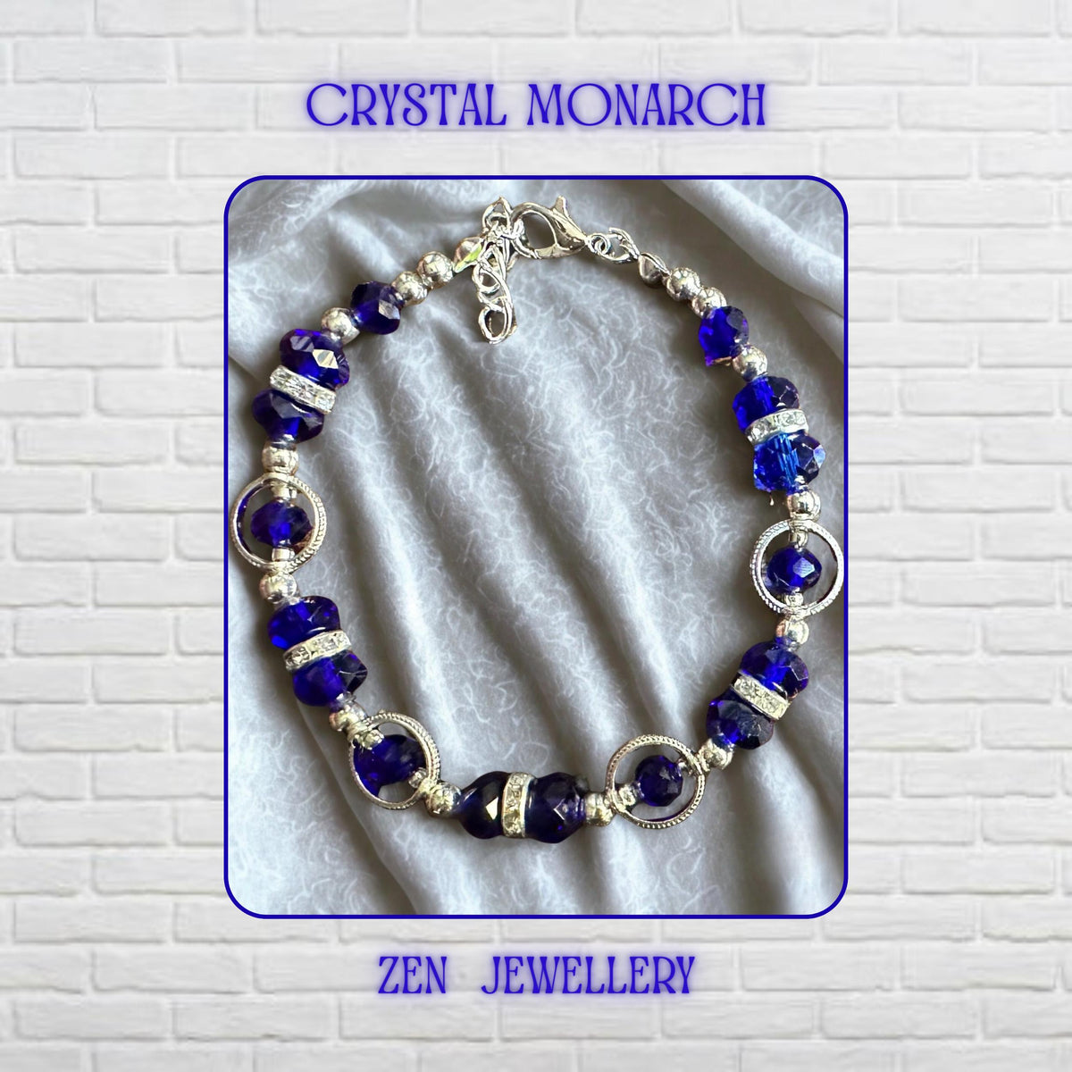 Close-up view highlighting the rich sapphire blue crystal beads positioned between bright silver-tone accents and shimmering rhinestone spacers. The faceted surfaces create brilliant reflections from multiple angles, enhancing the bracelet’s glamorous appearance. The carefully balanced arrangement of bead sizes creates visual harmony and elegant flow. Decorative silver ring elements frame selected crystal sections, while the adjustable fastening