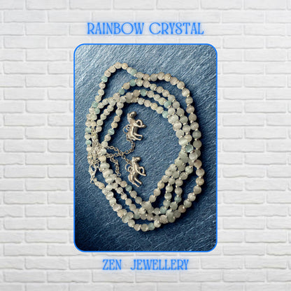 Close-up view highlighting the faceted white crystal beads that reflect light with subtle sparkle and elegance. The sterling silver horse charm hangs delicately from the extension chain creating an equestrian-inspired focal point. Fine craftsmanship is visible throughout the necklace and bracelet set, showing uniform bead placement and a lightweight handmade design suitable for daily wear and special occasions.