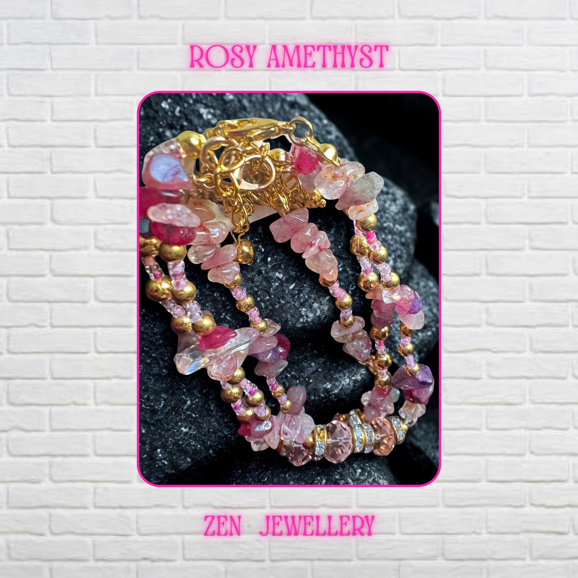 Elegant multi-layer wrap bracelet featuring a blend of pink gemstones including blush, rose quartz-inspired chips, and raspberry tones, combined with crystal beads and gold-tone accents. The design wraps beautifully around the wrist, creating a stacked boho-luxury aesthetic. This handcrafted piece is perfect for women who love romantic, feminine jewellery with natural gemstone textures and a refined sparkling finish suitable for both casual and f