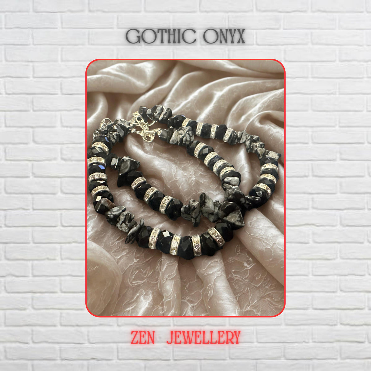 Close-up view highlighting the faceted black crystal beads with their glossy reflective surfaces. Sparkling rhinestone spacer beads catch the light between each crystal, creating a glamorous contrast against the deep black tones. Natural grey gemstone chips add texture and organic beauty throughout the layered bracelet design.