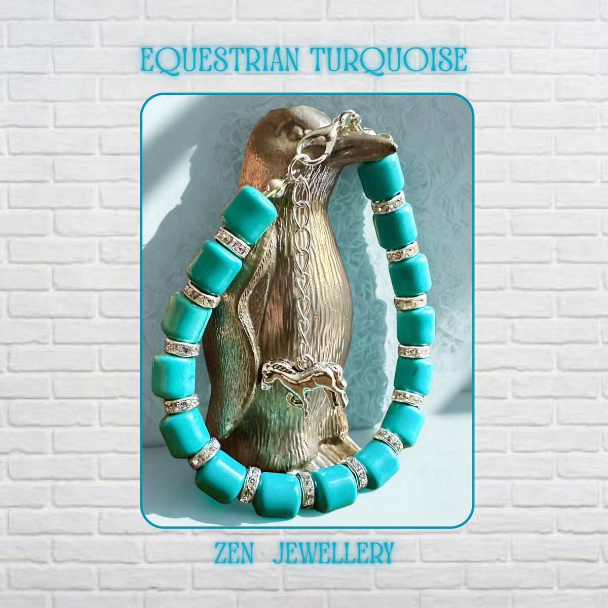 Close-up view of a turquoise bracelet with smooth glossy turquoise barrel beads and silver rhinestone spacer accents arranged evenly around the bracelet for an elegant and balanced handmade jewellery design.