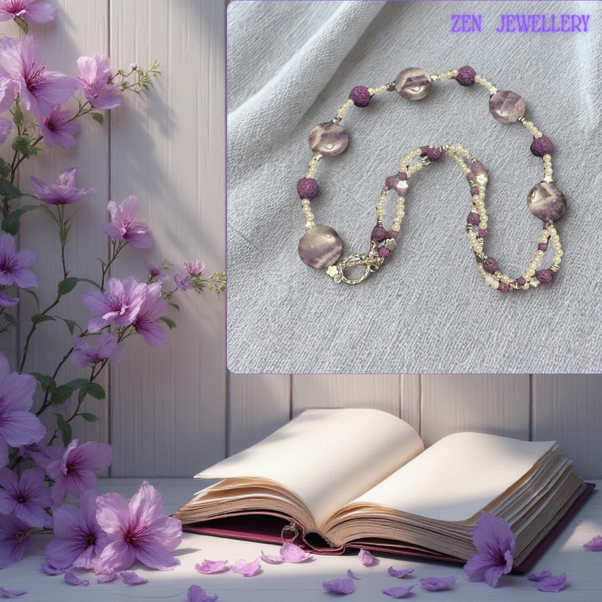 Displayed against a dark volcanic-style background, this handmade purple jewellery necklace stands out with rich lavender crystal tones and elegant white seed bead details. The layered strands create movement and sophistication suitable for elegant boho styling.