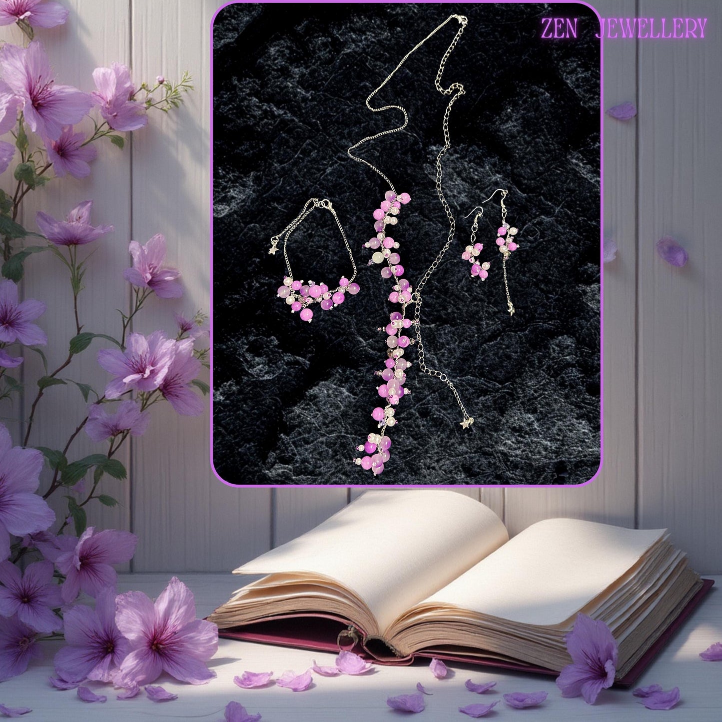Romantic floral-inspired jewellery set featuring a long silver chain necklace decorated with clustered pastel gemstone beads in pink, pearl white, and lilac shades. Matching bracelet and earrings create a complete, feminine handcrafted collection suitable for weddings, evening styling, summer fashion, or meaningful gifting. The delicate silver chains create graceful movement while polished bead surfaces reflect soft light beautifully.