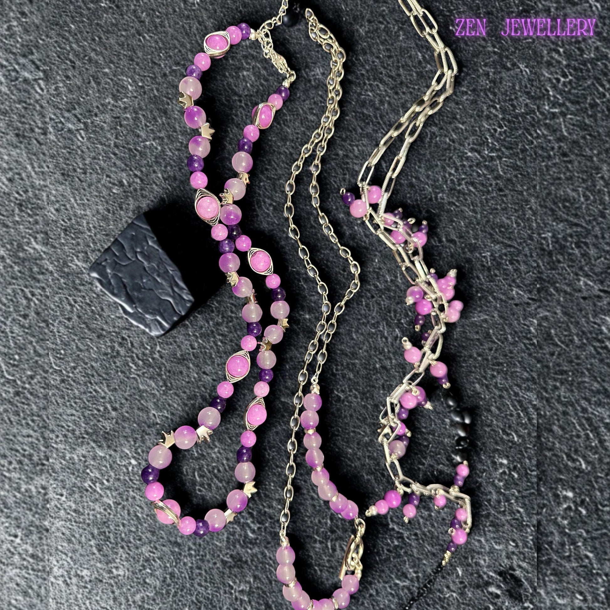 AVENTURINE Pink Lilac Purple Necklace Layered Silver Bold Chain Pastel Crystal Boho Statement Jewellery