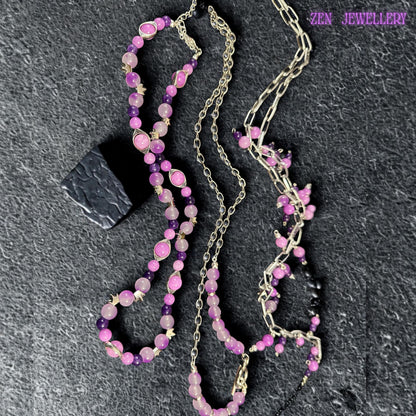 AVENTURINE Pink Lilac Purple Necklace Layered Silver Bold Chain Pastel Crystal Boho Statement Jewellery