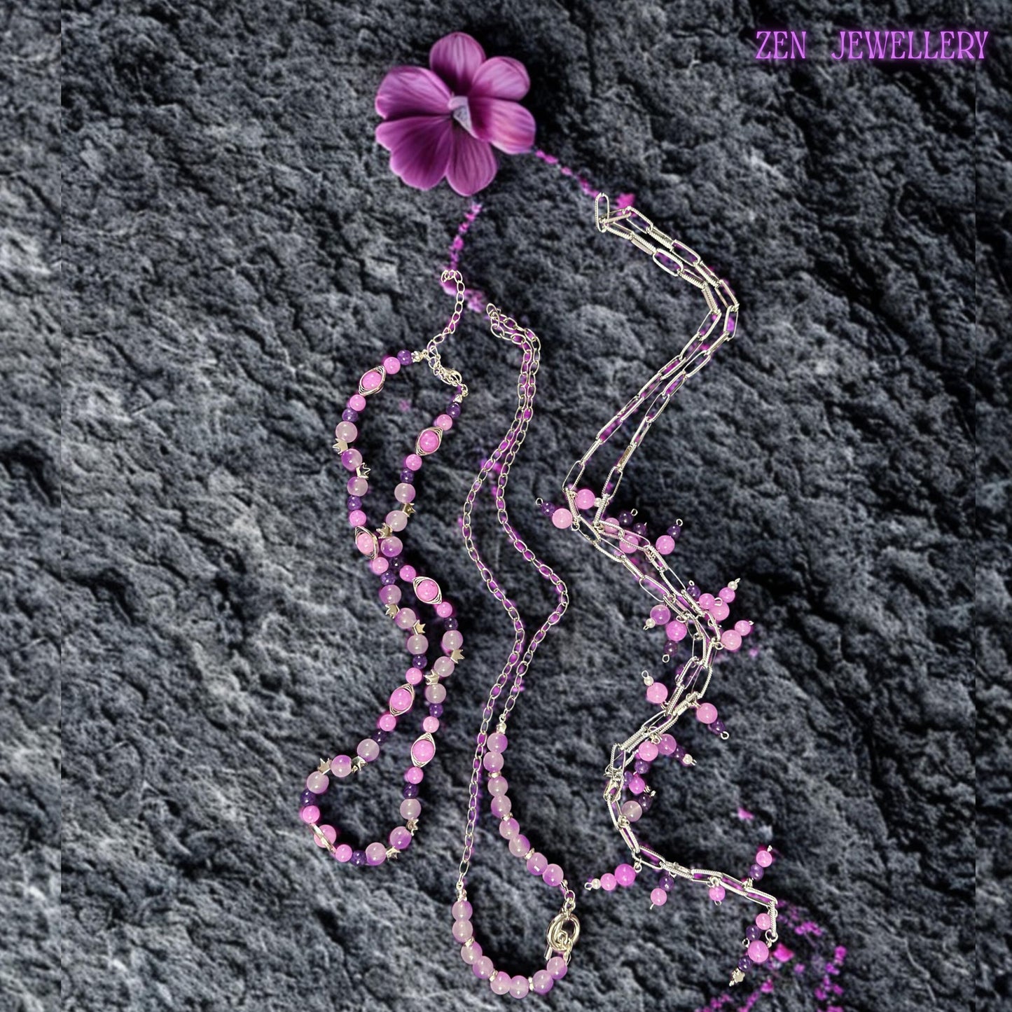 • Handmade bohemian necklace featuring chunky silver chains layered with pastel gemstone bead strands in pink, purple, lilac, and lavender tones. Small dangling bead charms attached throughout the chain sections create playful movement and elegant texture. Polished gemstone beads and crystal accents reflect soft light while the layered asymmetrical design creates depth and artistic flow across the neckline. The necklace feels romantic, feminine,