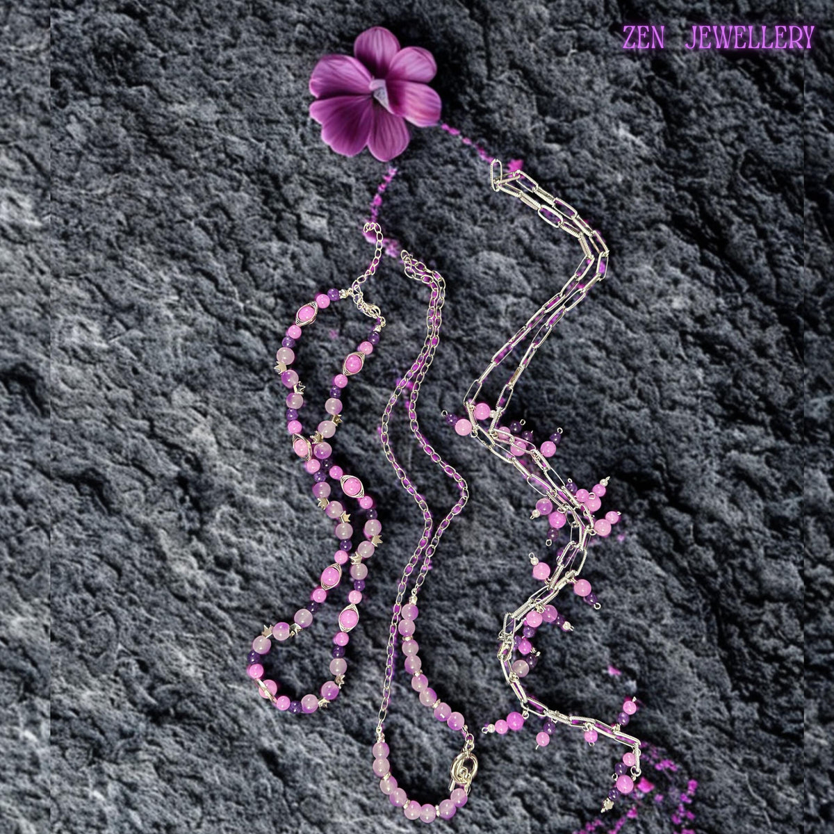 • Handmade bohemian necklace featuring chunky silver chains layered with pastel gemstone bead strands in pink, purple, lilac, and lavender tones. Small dangling bead charms attached throughout the chain sections create playful movement and elegant texture. Polished gemstone beads and crystal accents reflect soft light while the layered asymmetrical design creates depth and artistic flow across the neckline. The necklace feels romantic, feminine,