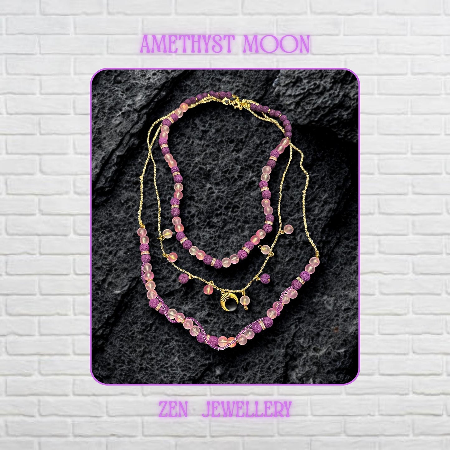 • Close-up view of the layered necklace showing polished translucent pink gemstone beads with a soft frosted glow contrasted against textured volcanic purple lava stone beads. Gold spacer rings with rhinestone sparkle separate the beads beautifully while the delicate gold chain drapes naturally across the dark decorative surface. The crescent moon charm becomes the focal point and adds mystical celestial elegance to the handmade artistic jeweller