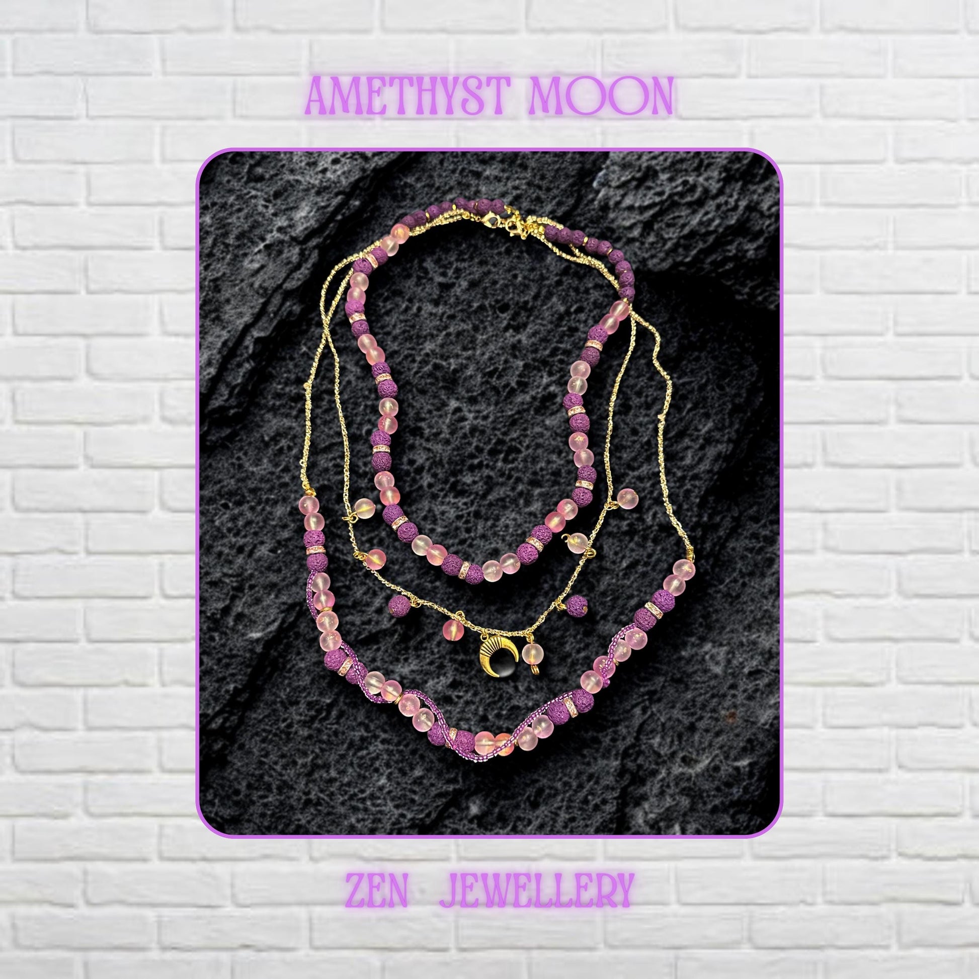 • Close-up view of the layered necklace showing polished translucent pink gemstone beads with a soft frosted glow contrasted against textured volcanic purple lava stone beads. Gold spacer rings with rhinestone sparkle separate the beads beautifully while the delicate gold chain drapes naturally across the dark decorative surface. The crescent moon charm becomes the focal point and adds mystical celestial elegance to the handmade artistic jeweller