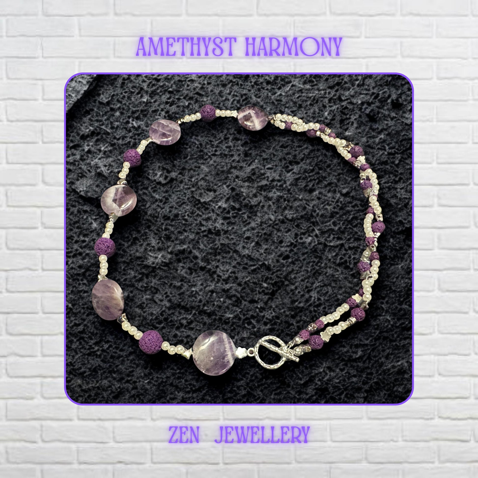 Elegant purple crystal-style beads reflect soft light beautifully and create a calming shimmer across this handmade layered necklace. Small white pearl-style spacer beads add contrast and softness between the rich amethyst-inspired tones. The silver toggle clasp completes the artistic boho jewellery design.