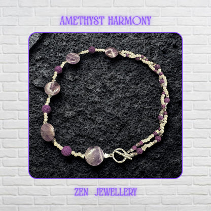 Elegant purple crystal-style beads reflect soft light beautifully and create a calming shimmer across this handmade layered necklace. Small white pearl-style spacer beads add contrast and softness between the rich amethyst-inspired tones. The silver toggle clasp completes the artistic boho jewellery design.