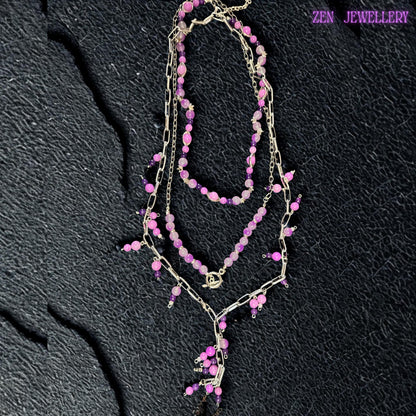 Handmade pink and purple layered necklace with silver links
