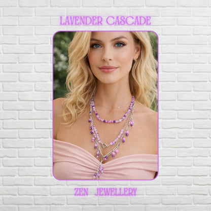 Handmade layered AVENTURINE necklace displayed on a model wearing a soft blush pink dress, featuring pastel pink, lilac, lavender, and purple gemstone beads combined with chunky silver chain strands. The necklace layers elegantly across the neckline with dangling bead charms attached to the silver links for graceful movement and texture. Polished gemstone beads reflect soft light beautifully while silver spacer accents add shine and luxurious det