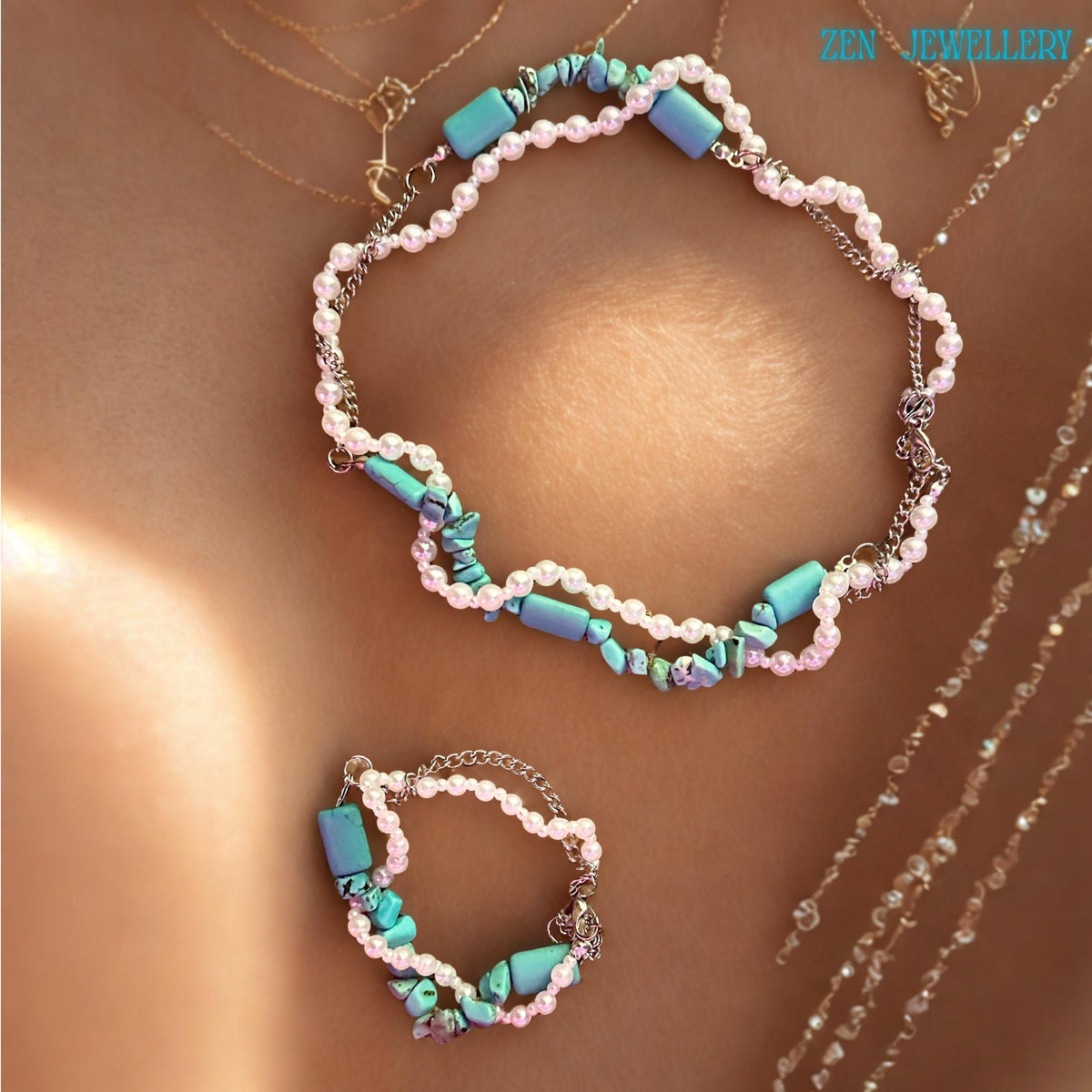 Layered necklace and bracelet set featuring white seed pearls, raw turquoise chips, and blue tube beads on silver chains. Shown against the sunlit background to highlight the delicate scale and organic texture.