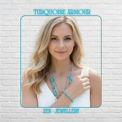 A turquoise chips necklace and bracelet set displayed on a blond model, featuring two layered sterling silver chains with irregular turquoise stones and a central heart-shaped turquoise pendant, paired with a matching double-strand bracelet, showing natural stone texture and artisanal craftsmanship in a bohemian style.