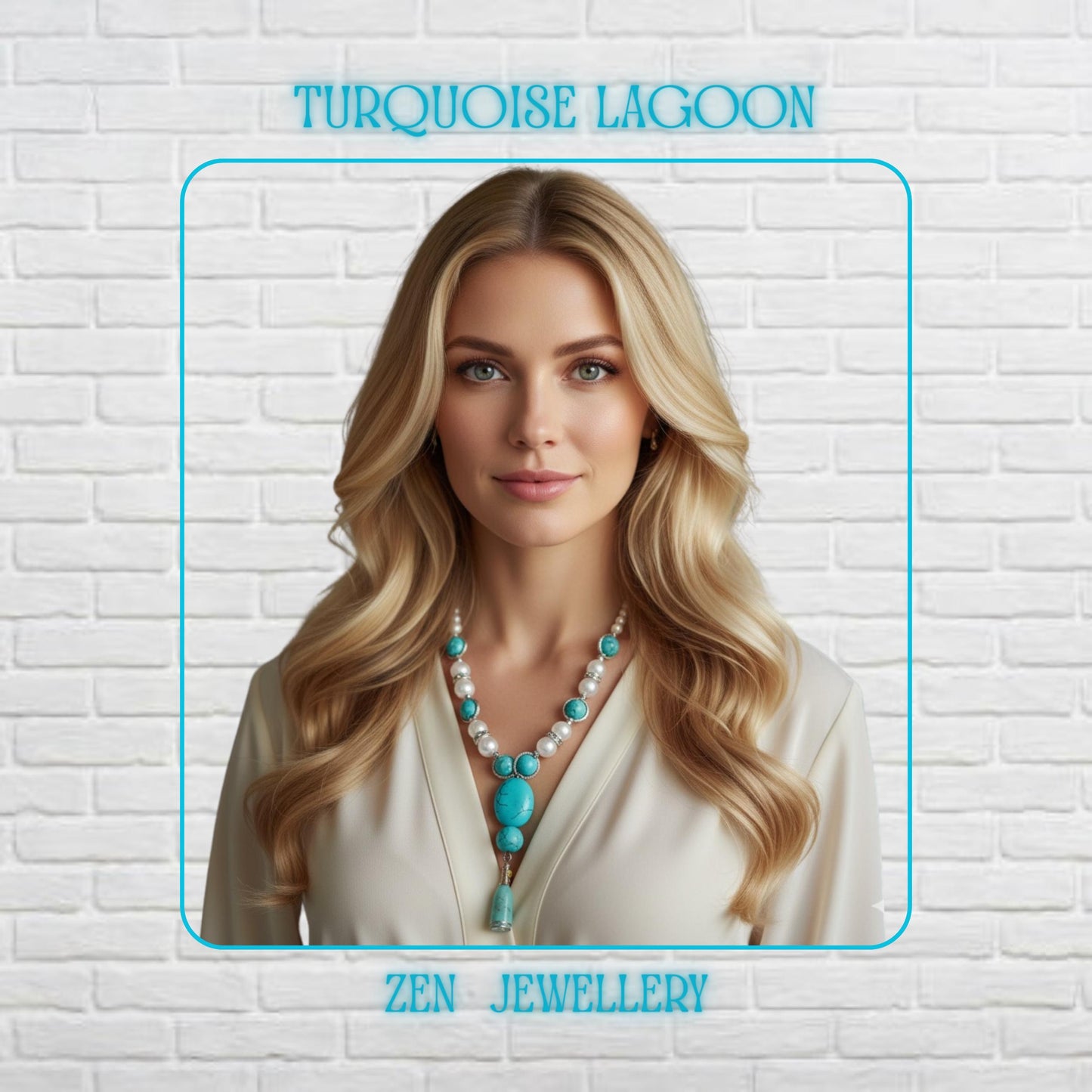 A long handmade TURQUOISE PEARL necklace displayed on a blond model featuring vibrant turquoise stones, creamy pearl beads, sparkling rhinestone spacers, and sterling silver clasps. The necklace has a large oval turquoise centrepiece with delicate tassel detail, creating an elegant boho chic look. The layered arrangement highlights the luxurious textures and artisan craftsmanship, perfect for vintage turquoise jewellery lovers.