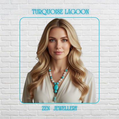 A long handmade TURQUOISE PEARL necklace displayed on a blond model featuring vibrant turquoise stones, creamy pearl beads, sparkling rhinestone spacers, and sterling silver clasps. The necklace has a large oval turquoise centrepiece with delicate tassel detail, creating an elegant boho chic look. The layered arrangement highlights the luxurious textures and artisan craftsmanship, perfect for vintage turquoise jewellery lovers.