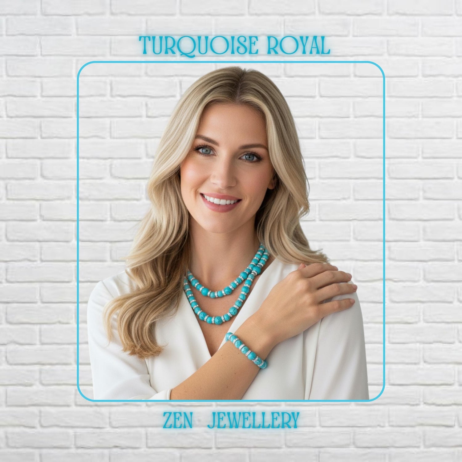 A handmade turquoise necklace and bracelet set displayed on a model featuring vivid turquoise gemstone beads, sparkling rhinestone spacers, and sterling silver clasps. The elegant boho jewellery set includes matching round turquoise beads with natural veining patterns, creating a timeless western-inspired style perfect for everyday wear or special occasions.