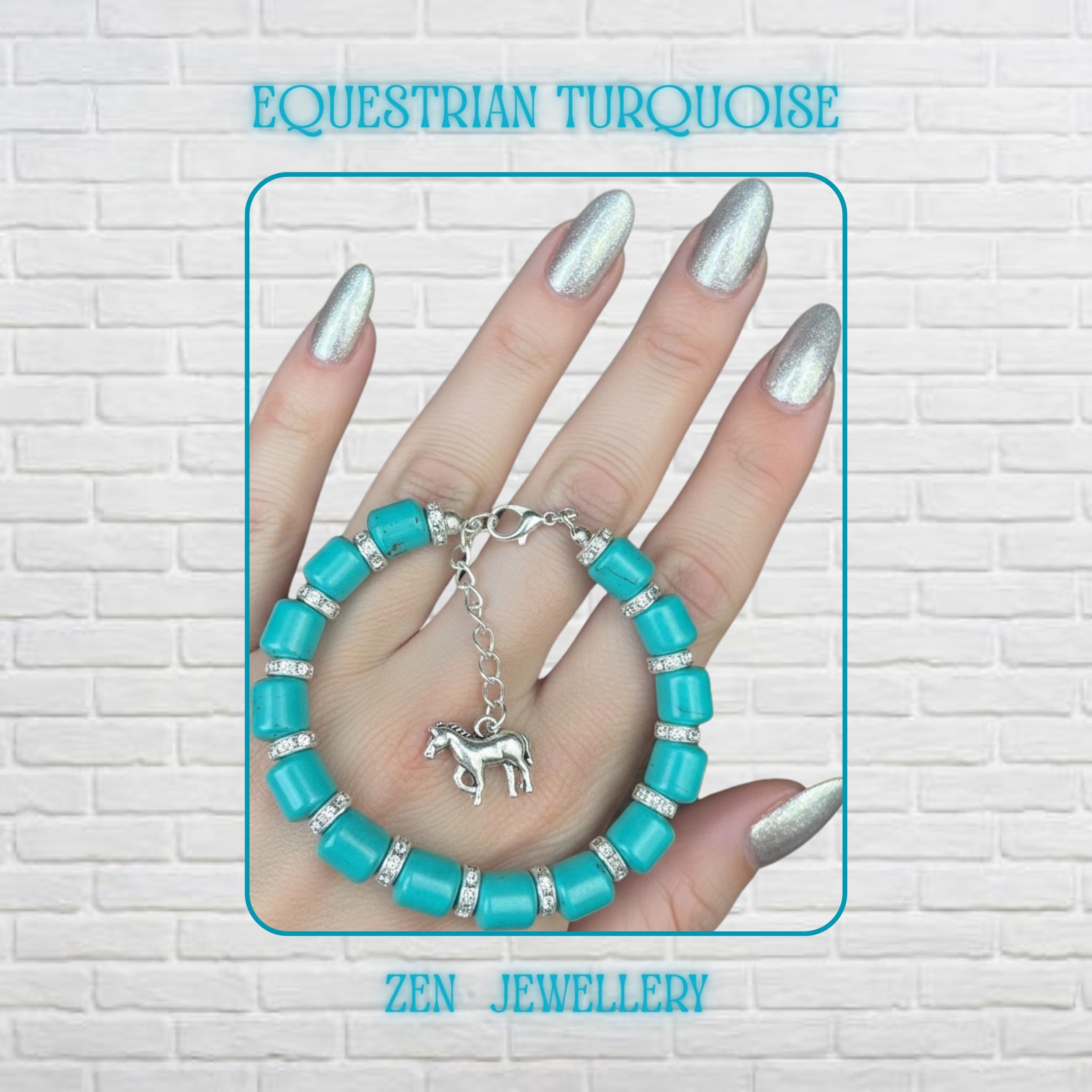 Handmade turquoise beads bracelet displayed on a hand with metallic silver nails, featuring chunky barrel-shaped turquoise beads separated by sparkling rhinestone spacers and finished with a silver extension chain and detailed horse charm for a bold western boho look.