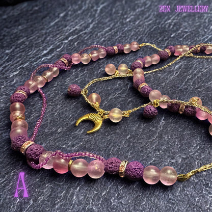 • Detailed image of the upper necklace strand featuring alternating blush pink round gemstone beads and textured purple lava stone beads arranged symmetrically along a fine gold wire structure. Sparkling crystal spacer rings catch the light gently while the soft pastel colour palette creates a feminine romantic aesthetic inspired by celestial bohemian fashion and handcrafted gemstone jewellery collections.