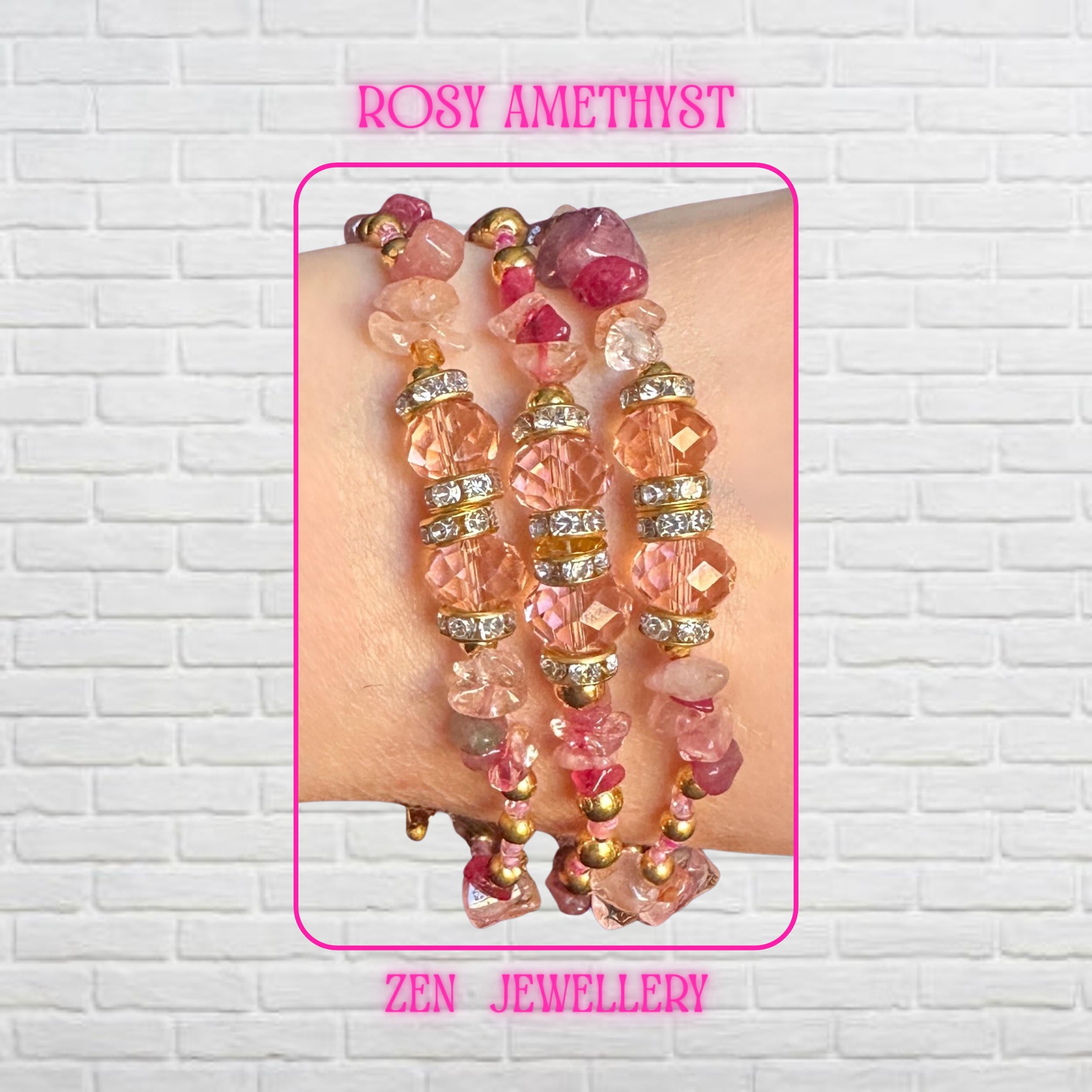 Elegant pink gemstone wrap bracelet featuring delicate blush, rose, and raspberry-toned natural stone chips combined with shimmering crystal beads and gold-tone accents. This handcrafted multi-layer bracelet wraps beautifully around the wrist, creating a romantic boho-luxury aesthetic. Perfect for everyday wear, special occasions, bridal styling, or thoughtful gifting. The design highlights feminine elegance, soft sparkle, and artisanal craftsman