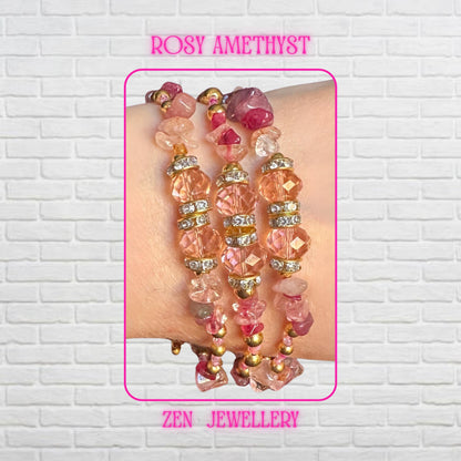 Elegant pink gemstone wrap bracelet featuring delicate blush, rose, and raspberry-toned natural stone chips combined with shimmering crystal beads and gold-tone accents. This handcrafted multi-layer bracelet wraps beautifully around the wrist, creating a romantic boho-luxury aesthetic. Perfect for everyday wear, special occasions, bridal styling, or thoughtful gifting. The design highlights feminine elegance, soft sparkle, and artisanal craftsman
