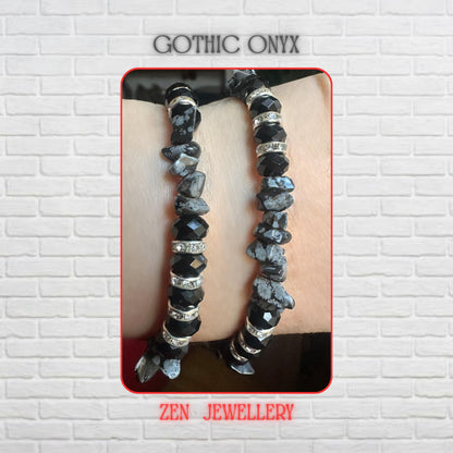 Elegant BLACK CRYSTAL bracelet displayed on a wrist, featuring faceted black crystal beads, natural grey gemstone chips, sparkling rhinestone spacers, polished silver accents, and a secure silver clasp. The layered arrangement creates a bold and sophisticated design with beautiful texture and contrast. Bracelet measures 21 cm (8.27 inches) and includes an adjustable extension chain for a comfortable fit.
