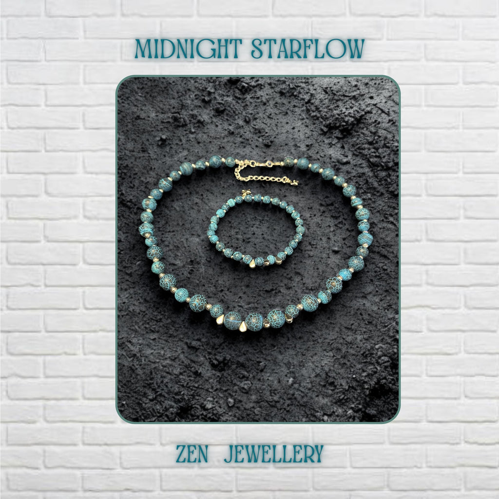 Elegant handmade Blue Crackle Agate necklace and bracelet set displayed on a dark textured background featuring graduated turquoise blue gemstone beads with natural crackled patterns, silver spacer beads, delicate silver chain closure, and dangling silver star charms creating a celestial bohemian jewellery design full of earthy texture, artistic movement, and ocean-inspired elegance suitable for casual styling, festival outfits, or statement even