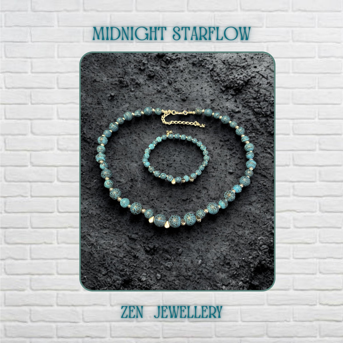 Elegant handmade Blue Crackle Agate necklace and bracelet set displayed on a dark textured background featuring graduated turquoise blue gemstone beads with natural crackled patterns, silver spacer beads, delicate silver chain closure, and dangling silver star charms creating a celestial bohemian jewellery design full of earthy texture, artistic movement, and ocean-inspired elegance suitable for casual styling, festival outfits, or statement even
