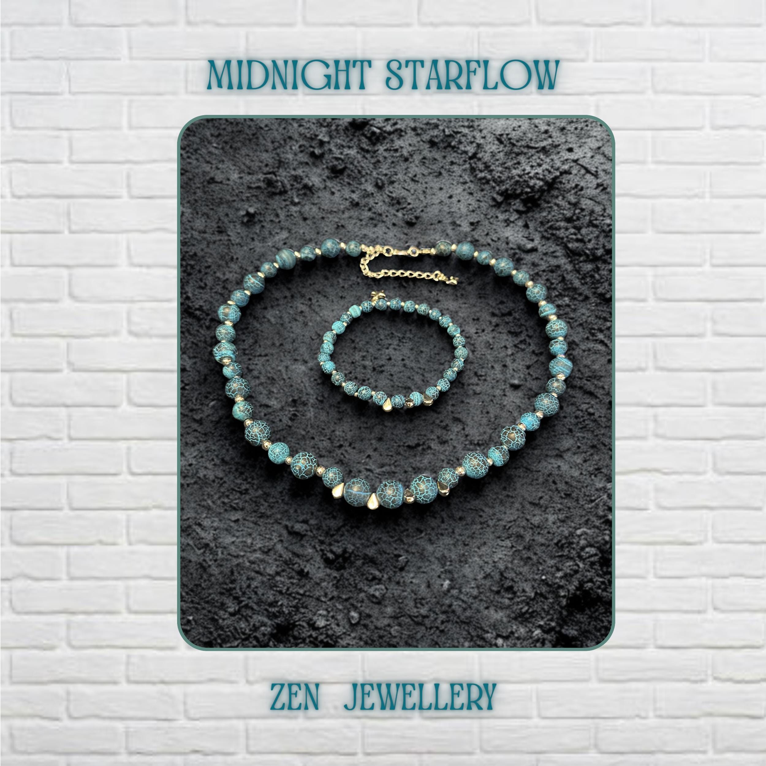 Elegant handmade Blue Crackle Agate necklace and bracelet set displayed on a dark textured background featuring graduated turquoise blue gemstone beads with natural crackled patterns, silver spacer beads, delicate silver chain closure, and dangling silver star charms creating a celestial bohemian jewellery design full of earthy texture, artistic movement, and ocean-inspired elegance suitable for casual styling, festival outfits, or statement even