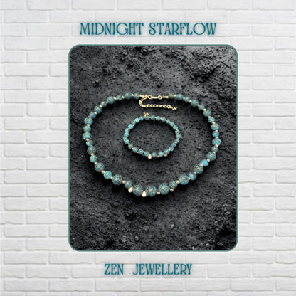 Elegant handmade Blue Crackle Agate necklace and bracelet set displayed on a dark textured background featuring graduated turquoise blue gemstone beads with natural crackled patterns, silver spacer beads, delicate silver chain closure, and dangling silver star charms creating a celestial bohemian jewellery design full of earthy texture, artistic movement, and ocean-inspired elegance suitable for casual styling, festival outfits, or statement even