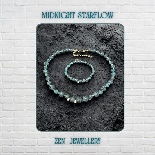 Elegant handmade Blue Crackle Agate necklace and bracelet set displayed on a dark textured background featuring graduated turquoise blue gemstone beads with natural crackled patterns, silver spacer beads, delicate silver chain closure, and dangling silver star charms creating a celestial bohemian jewellery design full of earthy texture, artistic movement, and ocean-inspired elegance suitable for casual styling, festival outfits, or statement even