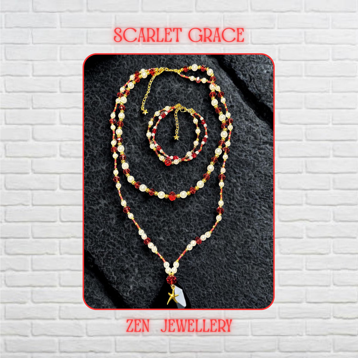 Close-up view of the layered red crystal necklace showing faceted ruby beads with glossy reflective surfaces positioned beside smooth round pearl white gemstone beads and tiny red seed bead details woven between the strands. The gold spacer beads add warmth and luxury, while the handcrafted arrangement creates texture, depth and elegant layered movement across the neckline. The jewellery feels feminine, lightweight and artistic.