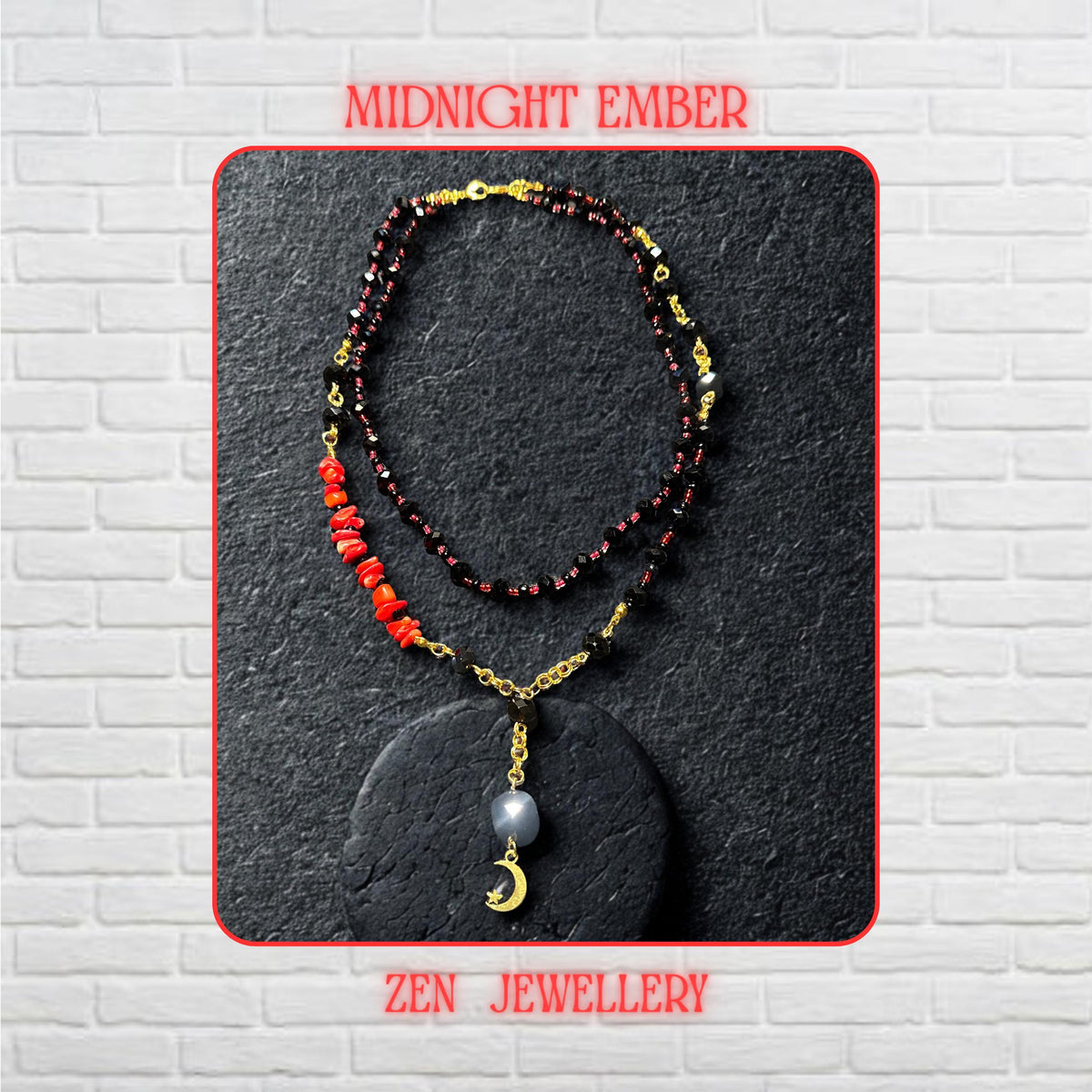 Close-up image of a black crystal necklace featuring faceted glossy black beads connected with gold chain accents and bright red coral chips positioned asymmetrically along one side. A gold moon pendant hangs elegantly beneath a large black geometric bead, creating celestial symbolism and modern artistic style. The necklace is handmade and lightweight despite the bold layered appearance.