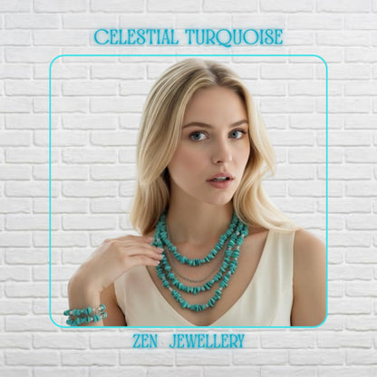 Handmade Celestial Turquoise 3-strand necklace with natural turquoise chips and stainless steel chain.