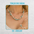 Warm flat lay of a turquoise pearl necklace and matching bracelet, both in 2 strands with glossy white pearls, vivid turquoise chips, and sterling silver clasps on a skin-toned backdrop. The full matching set is visible for scale and style.