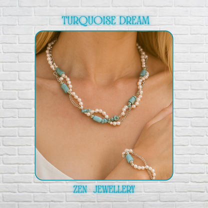 Warm flat lay of a turquoise pearl necklace and matching bracelet, both in 2 strands with glossy white pearls, vivid turquoise chips, and sterling silver clasps on a skin-toned backdrop. The full matching set is visible for scale and style.