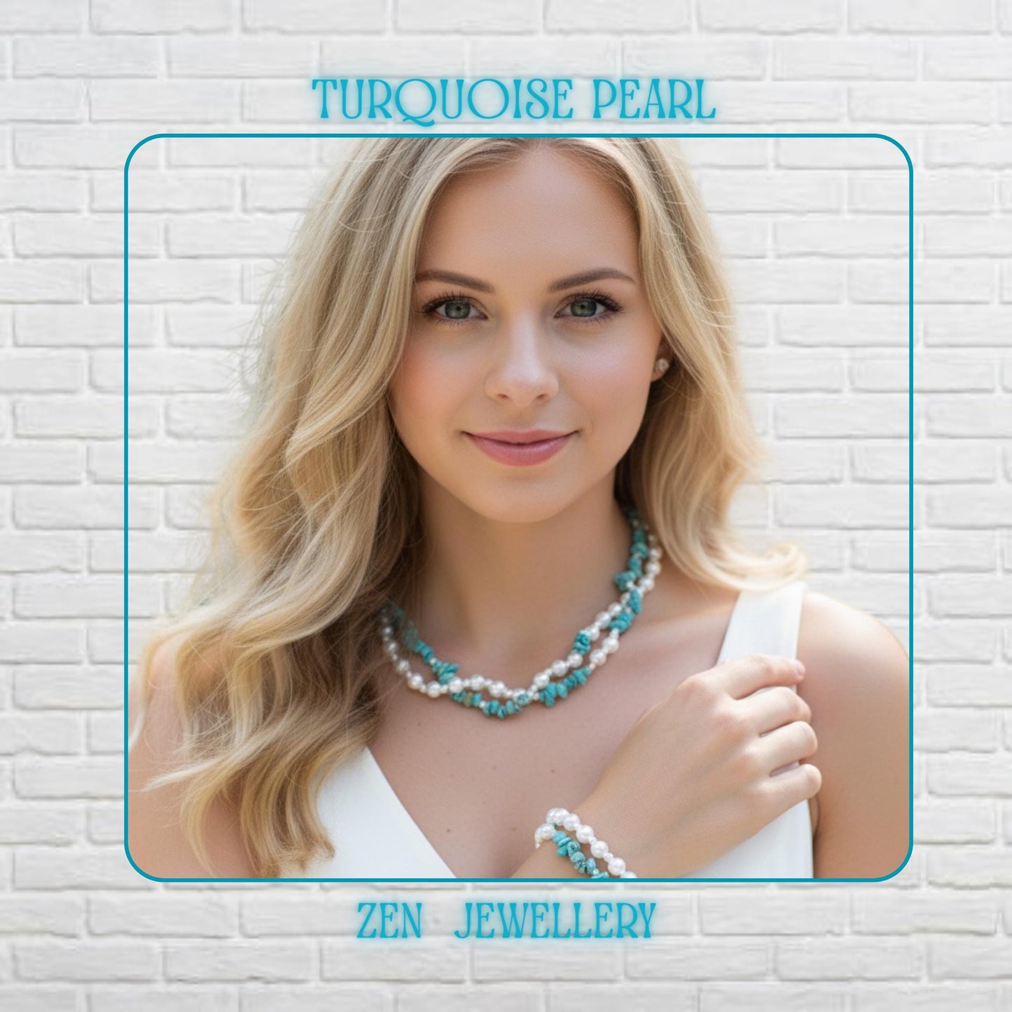 Handmade turquoise chips and pearls necklace with a matching bracelet are displayed on a beautiful blond model