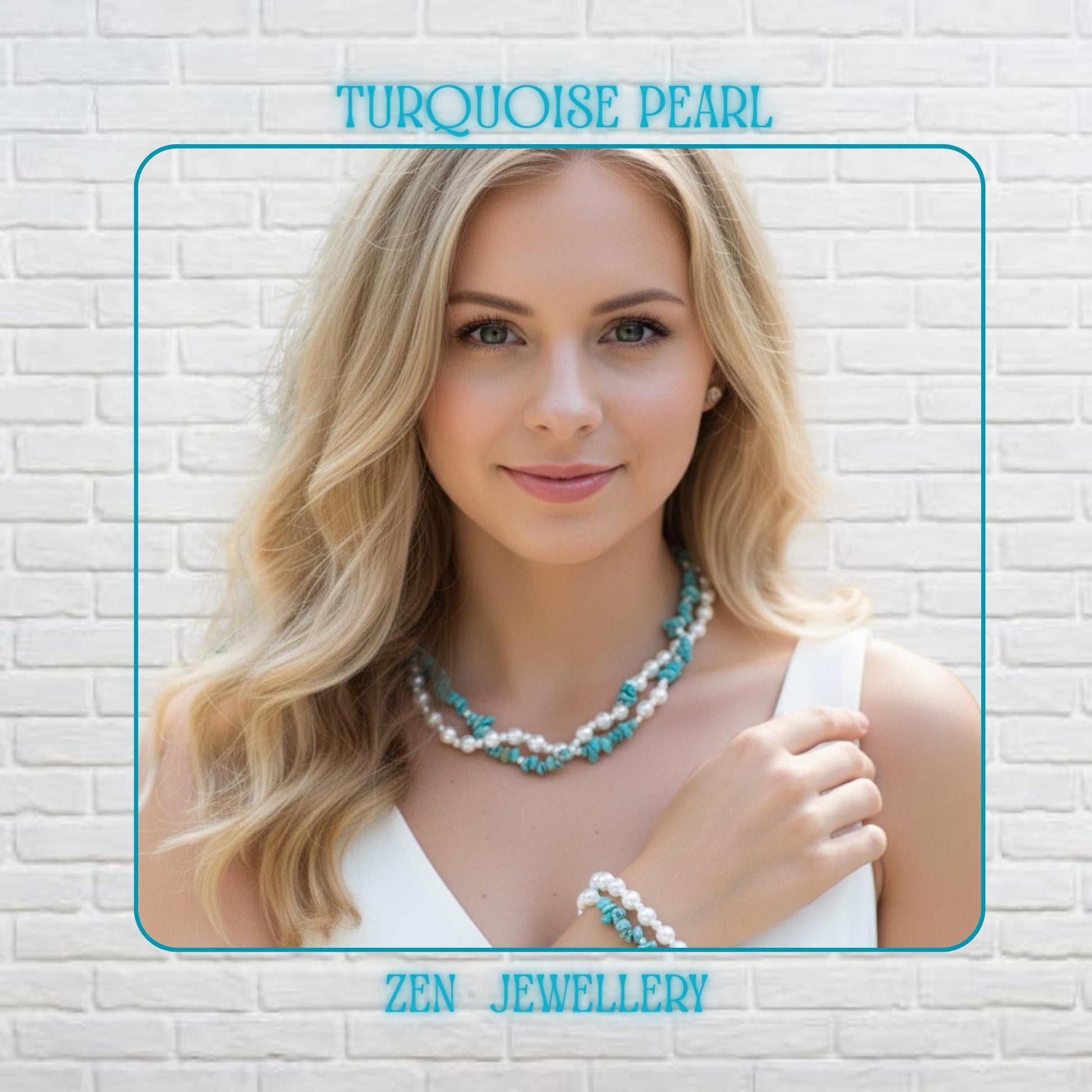 Handmade turquoise chips and pearls necklace with a matching bracelet are displayed on a beautiful blond model