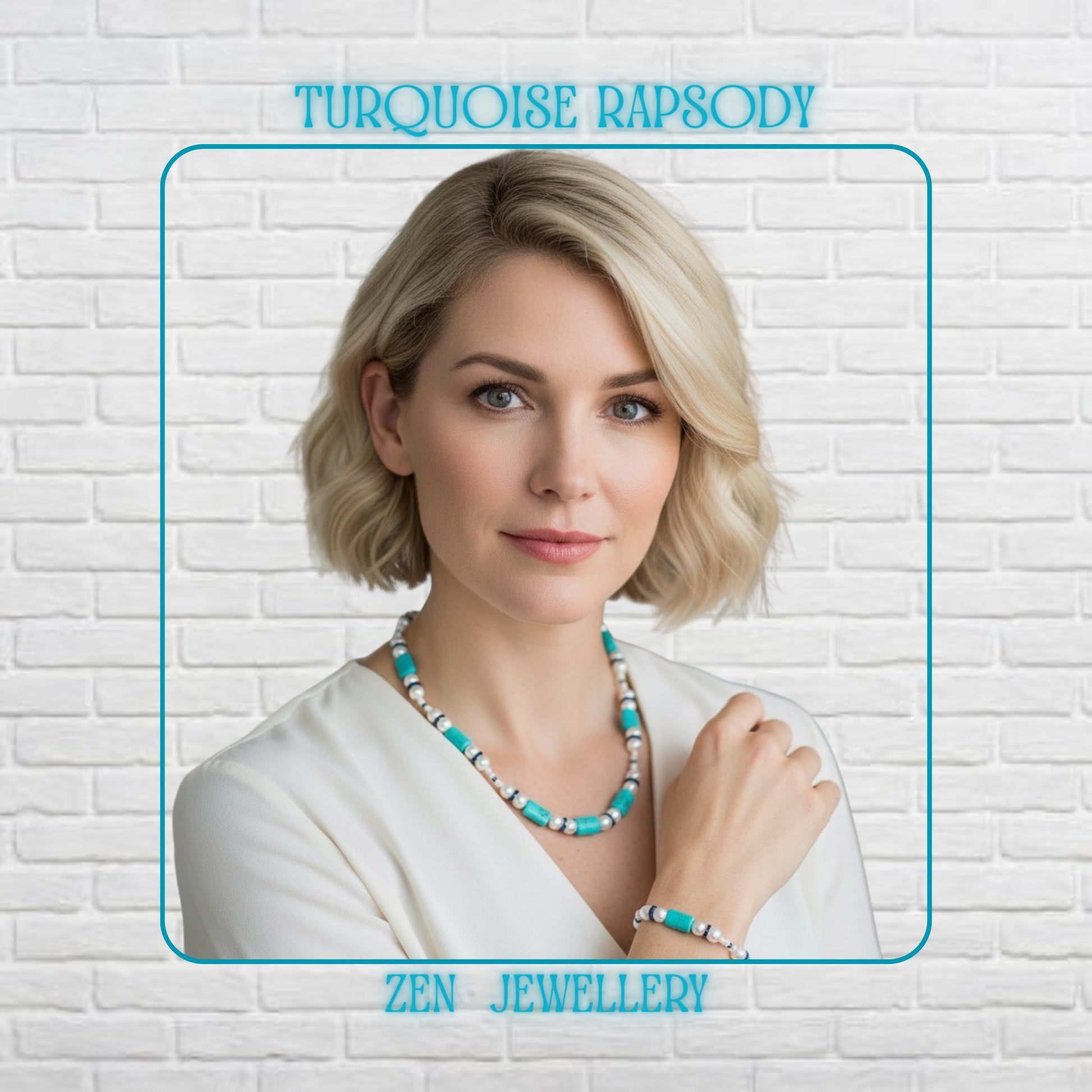A handcrafted turquoise pearl necklace and bracelet set displayed on a wooden background featuring turquoise rectangular beads, white pearl beads, blue rhinestone spacers, and sterling silver clasps arranged in a circular shape showing full design and elegant symmetry with adjustable extension chains and polished finish suitable for boho jewelry lovers.