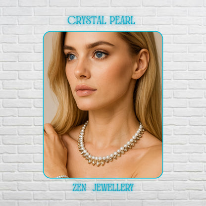 Elegant handmade white pearl necklace and bracelet set displayed on a black textured background featuring glossy round pearl-style beads combined with sparkling faceted crystal beads and silver chain closures. The necklace forms a circular shape with crystal drop accents at the front centre while the matching bracelet sits inside the necklace for a coordinated bridal jewellery look. The soft white pearls reflect light beautifully and create a tim