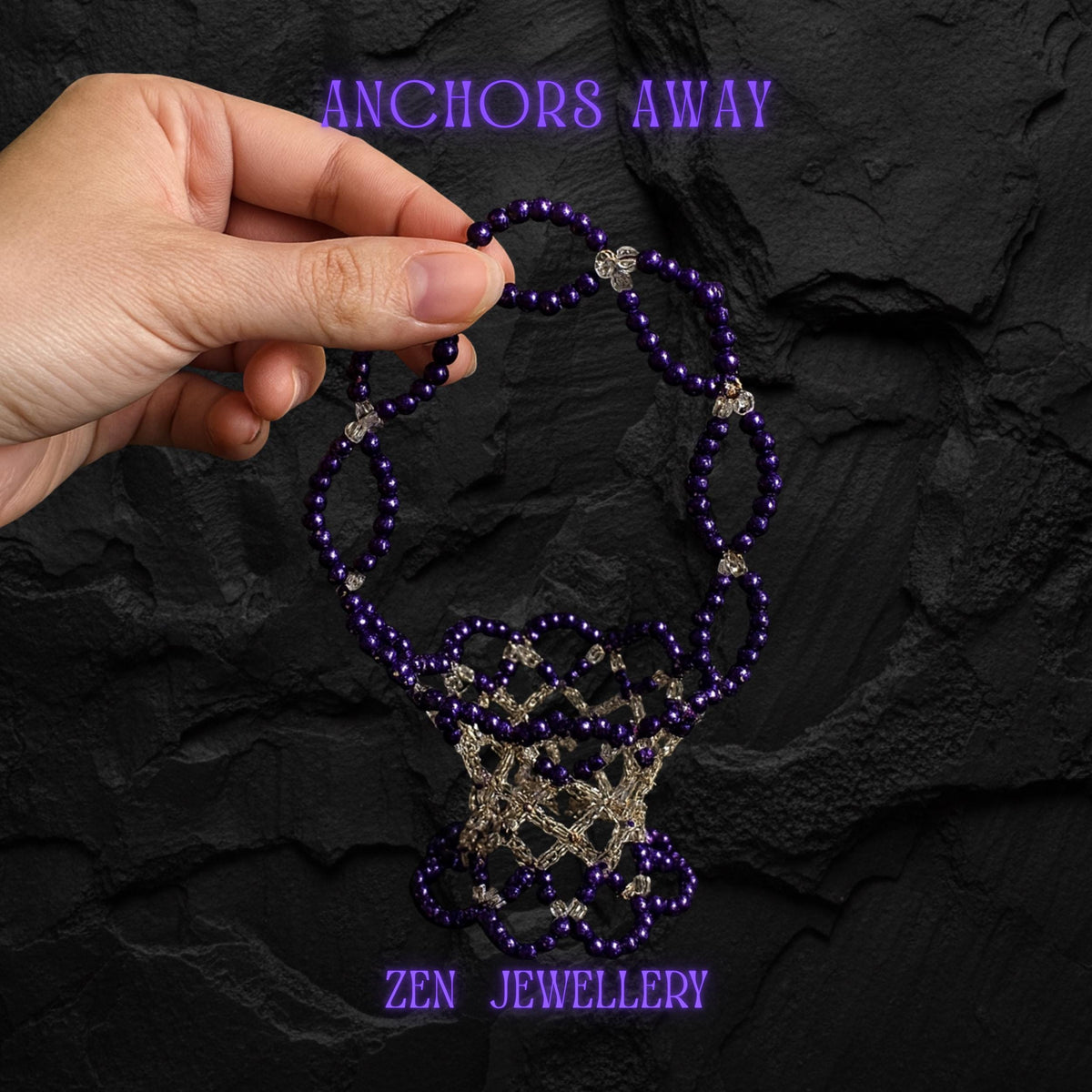 A handmade decorative basket crafted from purple and champagne Miyuki beads in a smooth, intricate weave