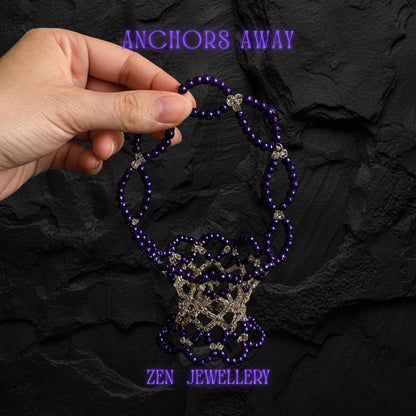 A handmade decorative basket crafted from purple and champagne Miyuki beads in a smooth, intricate weave