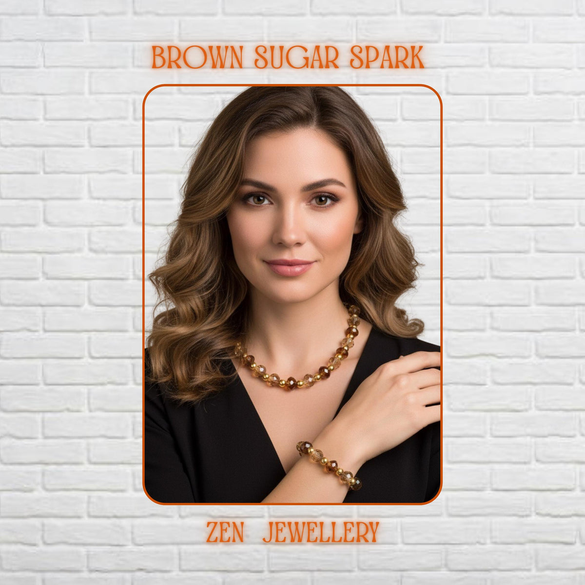 Elegant handmade AUSTRIAN CRYSTAL necklace and bracelet set displayed on dark natural stone featuring faceted champagne, caramel, amber, and brown crystal beads with polished gold spacer beads and delicate gold clasps. The warm crystal tones reflect light beautifully and create a luxurious sparkling effect perfect for glamorous evening styling and elegant fashion looks. Necklace measures approximately 51 cm and bracelet measures approximately 21