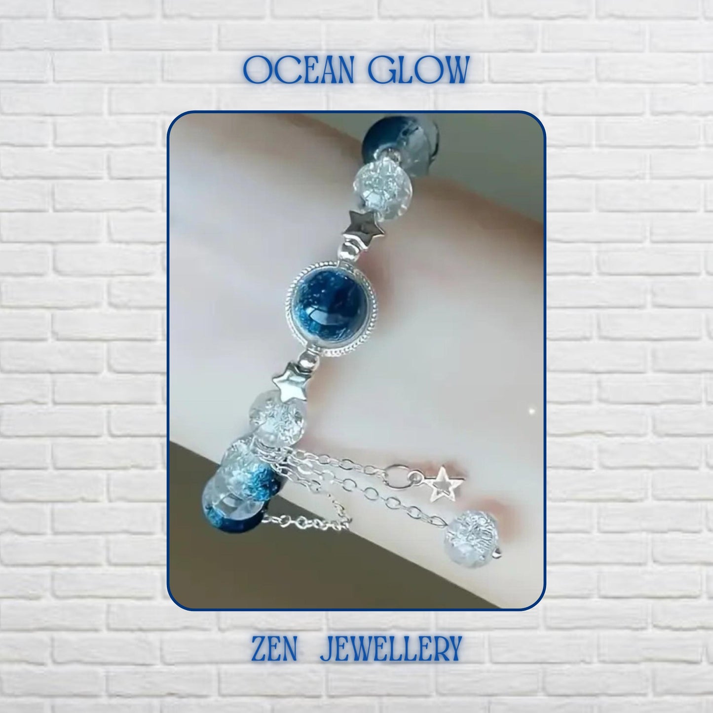 Elegant BLUE GEMSTONE bracelet displayed on a shimmering water-inspired background, featuring deep ocean-blue gemstone beads paired with transparent crackle crystal beads that reflect light beautifully. A silver-framed blue gemstone focal charm sits at the centre, enhanced by delicate silver star details and flowing chain accents. The bracelet measures 19 cm (7.48 inches) and features an adjustable fit for comfortable everyday wear.