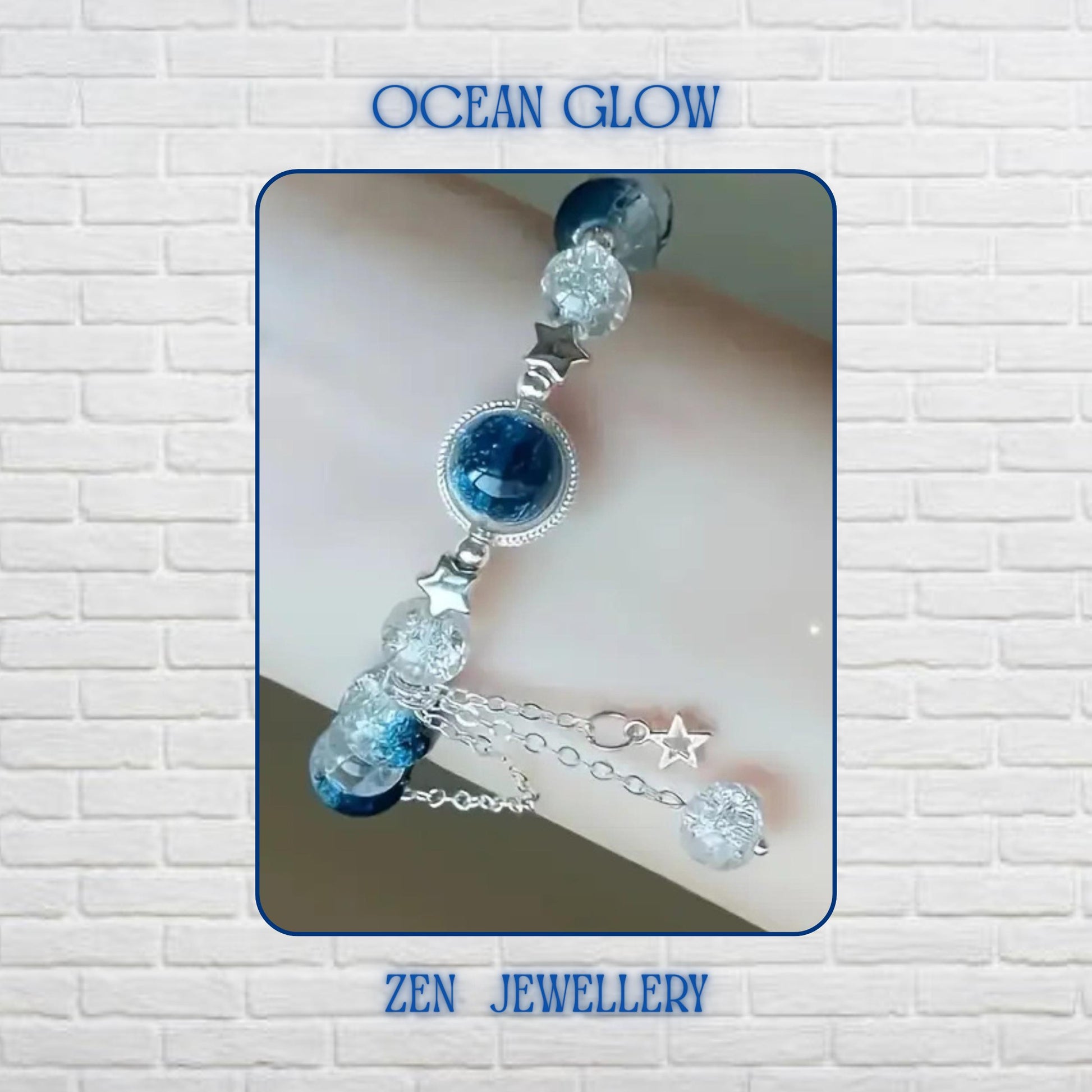 Elegant BLUE GEMSTONE bracelet displayed on a shimmering water-inspired background, featuring deep ocean-blue gemstone beads paired with transparent crackle crystal beads that reflect light beautifully. A silver-framed blue gemstone focal charm sits at the centre, enhanced by delicate silver star details and flowing chain accents. The bracelet measures 19 cm (7.48 inches) and features an adjustable fit for comfortable everyday wear.